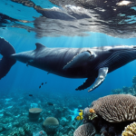 An immersive underwater scene in Tonga, showcasing crystal-clear turquoise waters. A majestic humpback whale and its calf gracefully swim near a diver, emphasizing a serene, respectful encounter. In the foreground, vibrant, untouched coral reefs teem with a diverse array of colorful tropical fish, illuminated by dappled sunlight filtering through the surface. The atmosphere is one of profound natural beauty and tranquility.