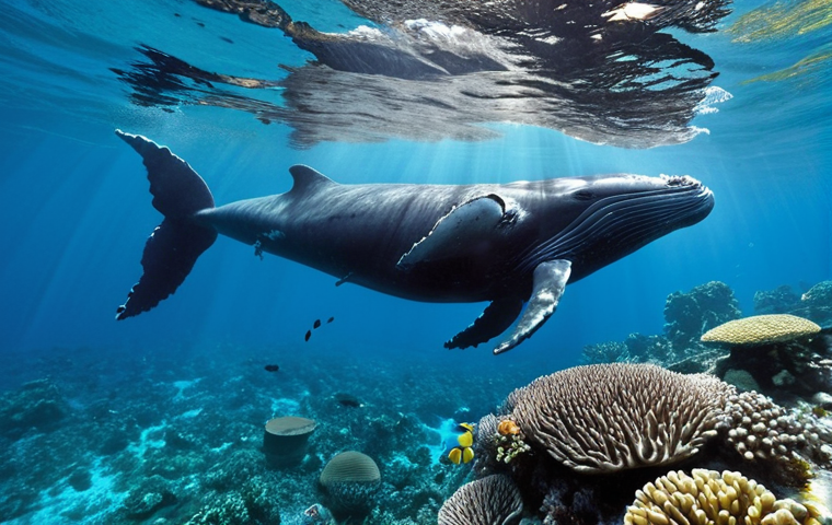 An immersive underwater scene in Tonga, showcasing crystal-clear turquoise waters. A majestic humpback whale and its calf gracefully swim near a diver, emphasizing a serene, respectful encounter. In the foreground, vibrant, untouched coral reefs teem with a diverse array of colorful tropical fish, illuminated by dappled sunlight filtering through the surface. The atmosphere is one of profound natural beauty and tranquility.