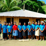 A vibrant community of Tongan individuals, fully clothed in modest, practical attire, collaboratively rebuilding a local structure in a lush, tropical village setting. Diverse adults and young adults are seen working together with focus and unity, reflecting their strong spirit of 'kāinga' (community). The scene shows newly constructed resilient elements, with traditional motifs subtly incorporated into modern designs. The background features swaying palm trees and clear blue skies, symbolizing hope and recovery. The atmosphere is determined and cooperative. Professional photography, high resolution, perfect anatomy, correct proportions, natural pose, well-formed hands, proper finger count, natural body proportions, safe for work, appropriate content, fully clothed, family-friendly.