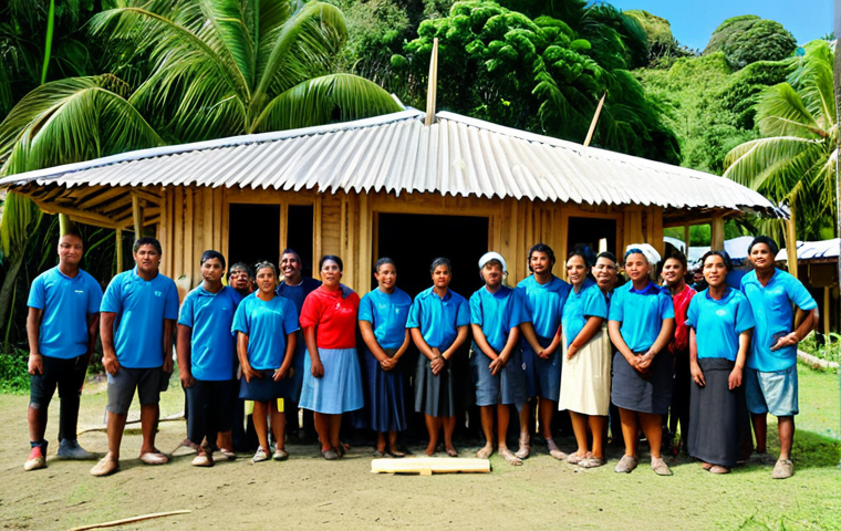 A vibrant community of Tongan individuals, fully clothed in modest, practical attire, collaboratively rebuilding a local structure in a lush, tropical village setting. Diverse adults and young adults are seen working together with focus and unity, reflecting their strong spirit of 'kāinga' (community). The scene shows newly constructed resilient elements, with traditional motifs subtly incorporated into modern designs. The background features swaying palm trees and clear blue skies, symbolizing hope and recovery. The atmosphere is determined and cooperative. Professional photography, high resolution, perfect anatomy, correct proportions, natural pose, well-formed hands, proper finger count, natural body proportions, safe for work, appropriate content, fully clothed, family-friendly.