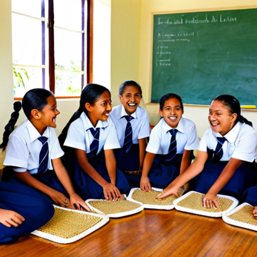 A group of Tongan primary school children, aged 6-8, fully clothed in modest school uniforms, enthusiastically participating in a collaborative learning activity inside a simple, well-lit classroom. A dedicated Tongan female teacher, in appropriate attire, is guiding them. The classroom features traditional woven mats on the floor and educational posters on the walls. Natural light streams through the windows. Professional photography, high quality, vibrant colors, safe for work, appropriate content, fully clothed, family-friendly, perfect anatomy, correct proportions, natural pose, well-formed hands, proper finger count, natural body proportions.
