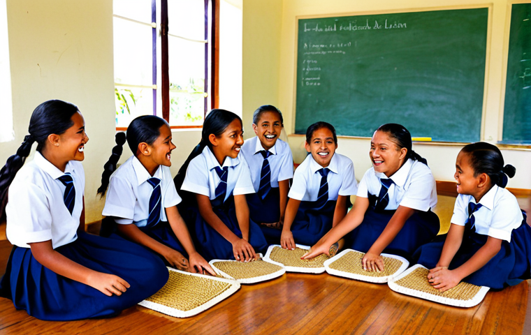 A group of Tongan primary school children, aged 6-8, fully clothed in modest school uniforms, enthusiastically participating in a collaborative learning activity inside a simple, well-lit classroom. A dedicated Tongan female teacher, in appropriate attire, is guiding them. The classroom features traditional woven mats on the floor and educational posters on the walls. Natural light streams through the windows. Professional photography, high quality, vibrant colors, safe for work, appropriate content, fully clothed, family-friendly, perfect anatomy, correct proportions, natural pose, well-formed hands, proper finger count, natural body proportions.