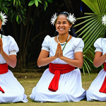 A group of Tongan women, elegantly dressed in vibrant, traditional Tongan attire, fully clothed, modest clothing, appropriate attire, are performing a seated Ma'ulu'ulu dance. Their well-formed hands are gracefully gesturing, conveying stories with precise, synchronized movements and dignified expressions. They are in a natural pose, surrounded by a warm, inviting village community at an outdoor cultural festival under soft daylight. The atmosphere is festive and joyful, reflecting deep cultural heritage. This image is safe for work, appropriate content, fully clothed, and family-friendly, showcasing perfect anatomy, correct proportions, natural body proportions, and proper finger count in professional, high-quality, realistic photography with natural lighting.